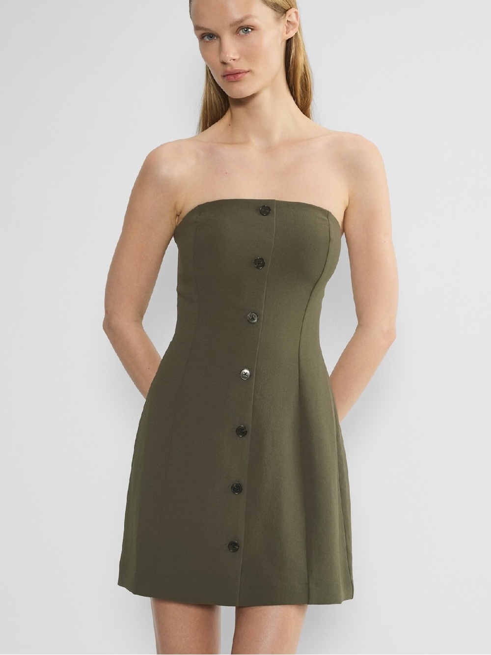 Aritzia Wilfred Rarity Button-Front Strapless Mini Dress in Dark Olive Green